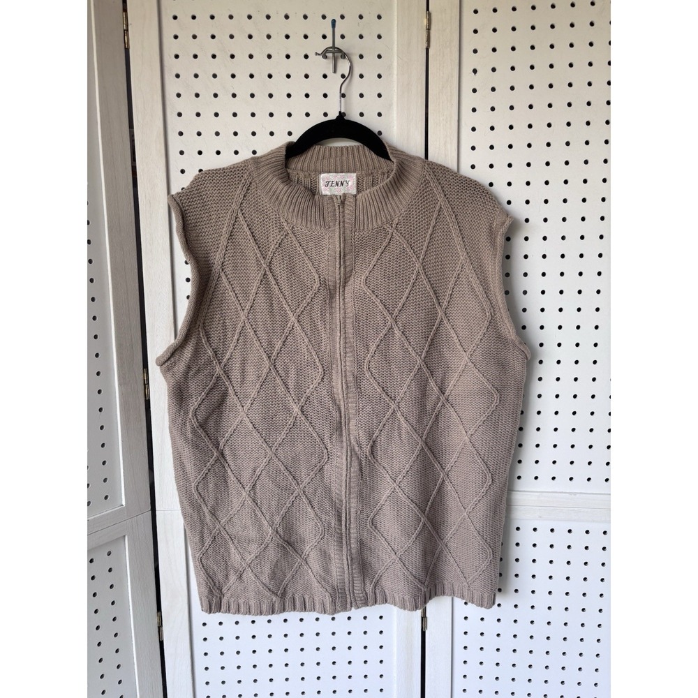VTG Jenny Acrylic Sweater Vest Tan Full Zip Women's Lg 90s Y2K